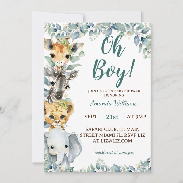Invitation Garçon Safari Animaux Baby Shower (Devant)
