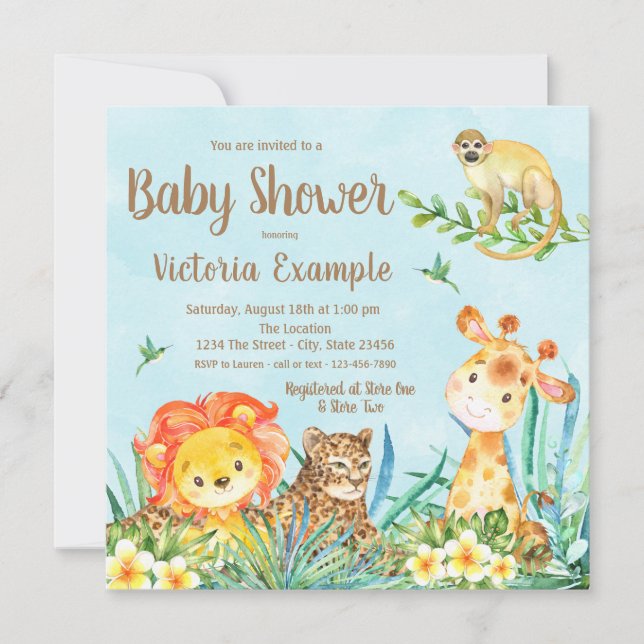 Invitation Garçon Safari Animaux de la Jungle Baby Shower  (Devant)