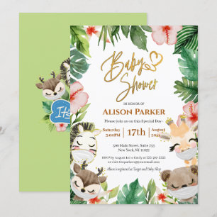 Invitation Garçon Safari Animaux Jungle Vert Bébé Garçon Douc
