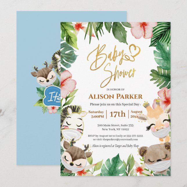 Invitation Garçon Safari Animaux Jungle Vert Bébé Garçon Douc (Devant / Derrière)