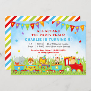 Invitation Garçon Safari Animaux Train de fête d'anniversaire