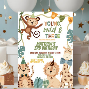Invitation Garçon Safari Jeune Sauvage et Trois Fête d'annive