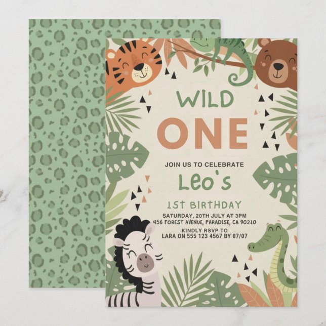 Invitation Garçon Safari Rustique Verdure Wild One 1er Annive (Devant / Derrière)