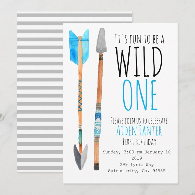 Invitation Garçon sauvage une flèche tribale premier annivers (Devant / Derrière)