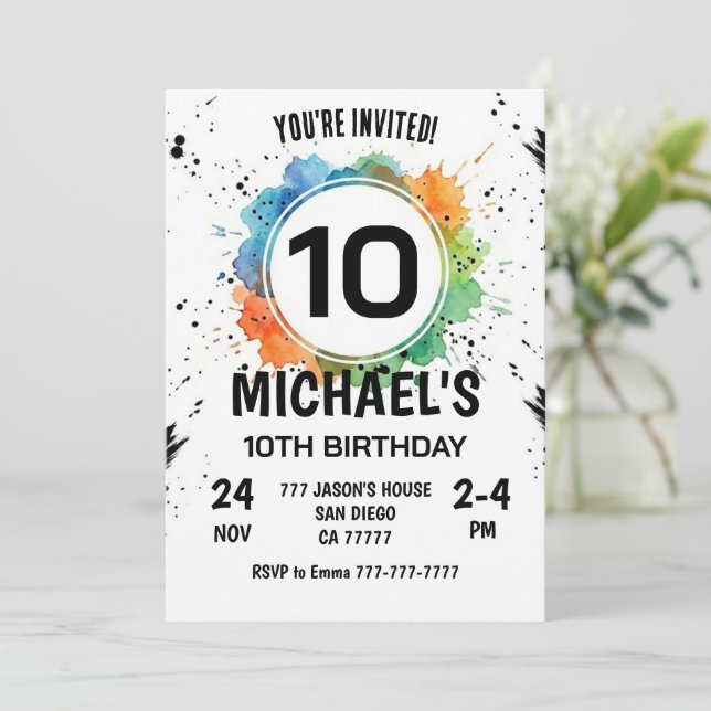 Invitation Garçon Splash Aquarelle 10ème Anniversaire (Debout devant)