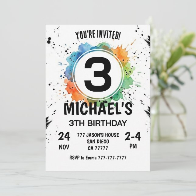 Invitation Garçon Splash Aquarelle 3e Anniversaire (Debout devant)