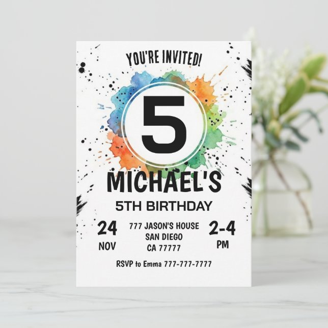 Invitation Garçon Splash Aquarelle 5ème Anniversaire (Debout devant)