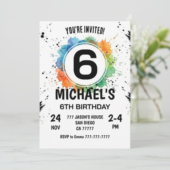 Invitation Garçon Splash Aquarelle 6ème Anniversaire (Debout devant)