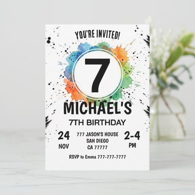 Invitation Garçon Splash Aquarelle 7e Anniversaire (Debout devant)