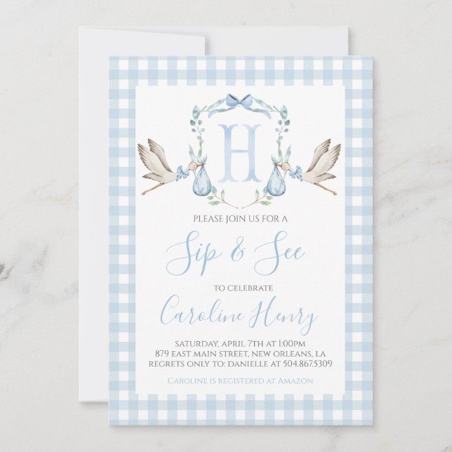 Invitation Garçon Stork Baby Sip et voir Preppy En vichy Blue (Devant)