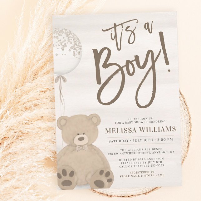 Invitation Garçon Teddy Ours Tan Balloon Baby shower (Créateur téléchargé)
