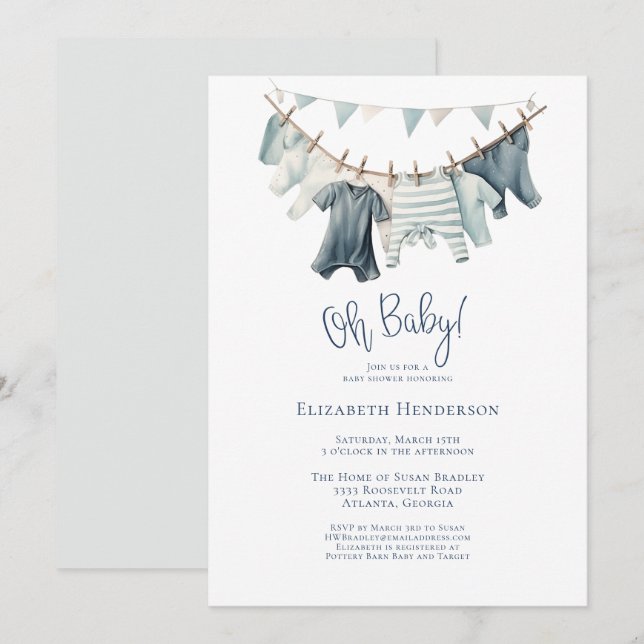 Invitation Garçon Vêtements pour bébé Baby shower pour garçon (Devant / Derrière)