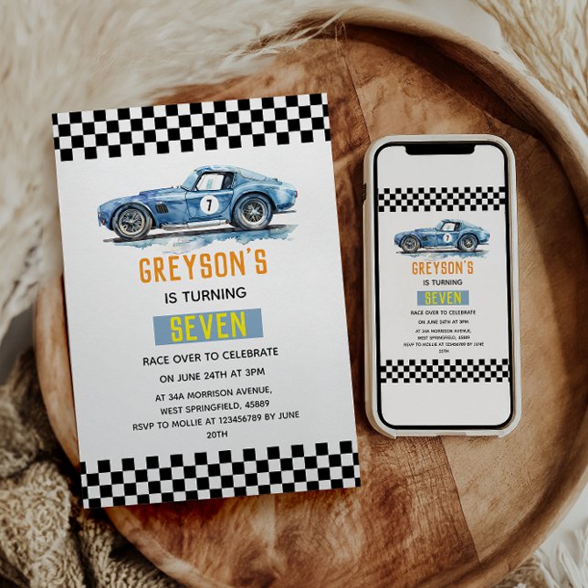 Invitation Garçon voiture de course bleue cool pour l'anniver (Créateur téléchargé)