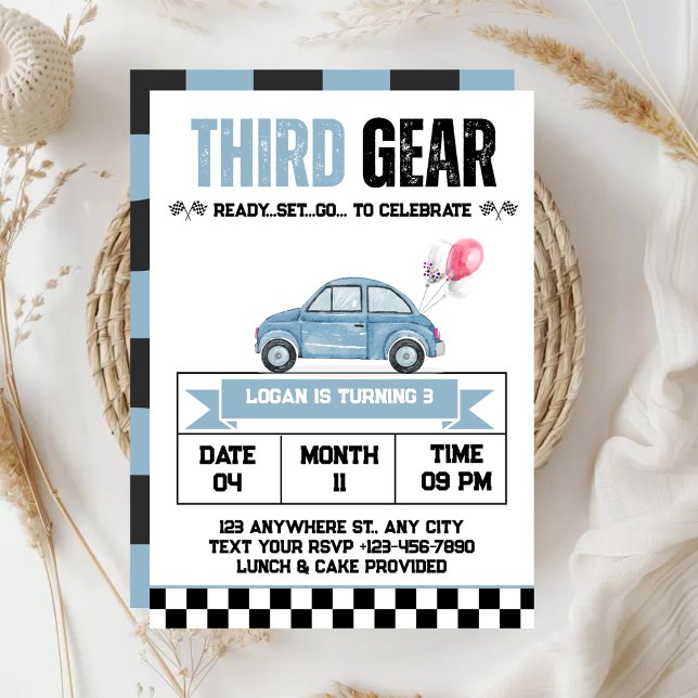 Invitation Garçon voiture de course Third Gear 3ème anniversa (Créateur téléchargé)