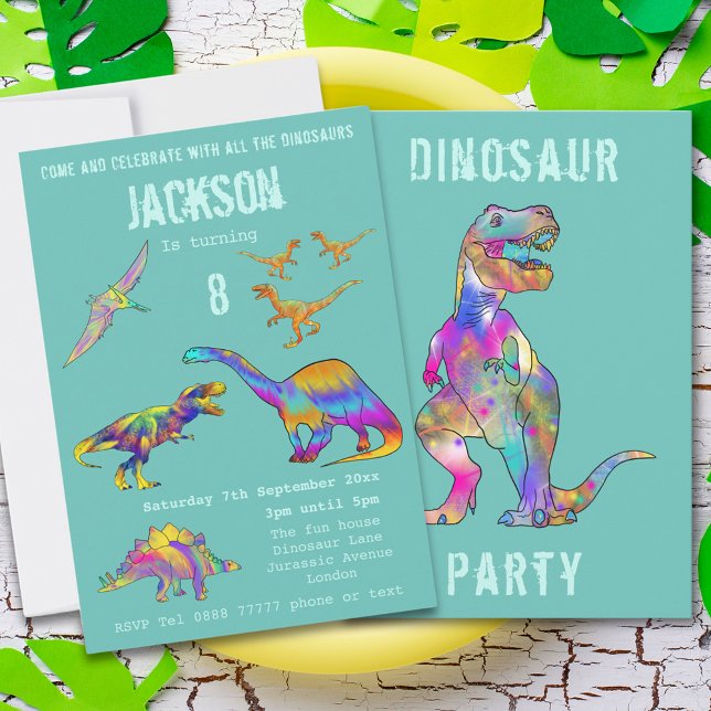 Invitation Garçons 8e Anniversaire Dinosaure T Rex Rugissemen (Colorful dinosaur 8th birthday party invitation fun Dino T-rex velociraptor brontosaurus stegosaurus)