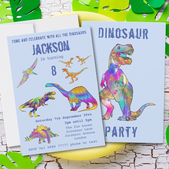 Invitation Garçons 8ème Anniversaire Dinosaure T Rex Rugissem (Colorful dinosaur 8th birthday party invitation with T-Rex velociraptor stegosaurus brontosaurus )