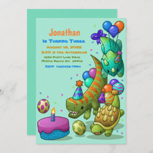 Invitation Garçons adorable Vert Dino Turtle fête d'anniversa