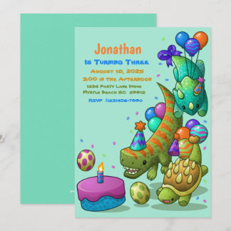 Invitation Garçons adorable Vert Dino Turtle fête d'anniversa