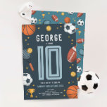 Invitation Garçons Anniversaire de enfant sportif moderne Blu<br><div class="desc">Ce design d'invitation anniversaire de enfant, mignon et moderne, sur le thème du sport, présente un dessin animé de sport bleu, avec un basket, un football, un ballon de football, une raquette de tennis, un trophée et des étoiles. L'invitation peut être personnalisé avec votre nom de garçon et d'autres détails...</div>