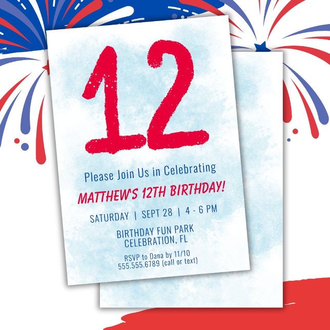 Invitation Garçons Aquarelle Enfants Bleu 12e anniversaire (Créateur téléchargé)