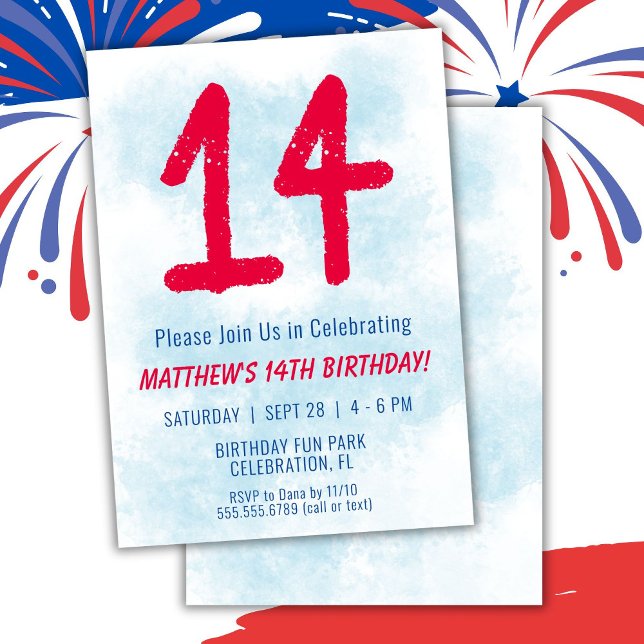 Invitation Garçons Aquarelle Enfants Bleu 14e anniversaire (Créateur téléchargé)