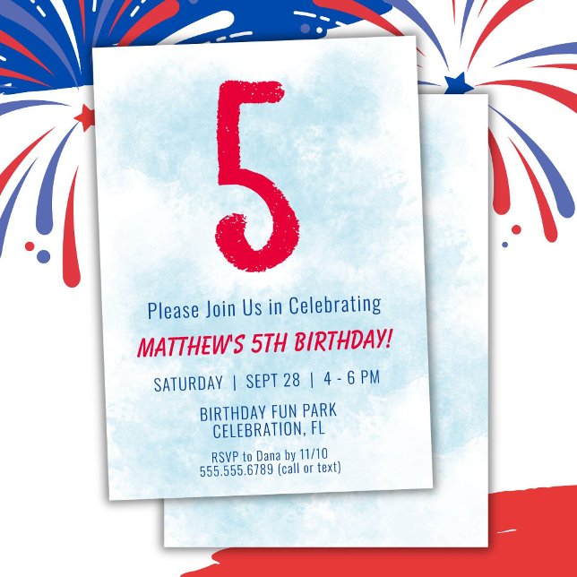 Invitation Garçons Aquarelle Enfants Bleu 5e anniversaire (Créateur téléchargé)