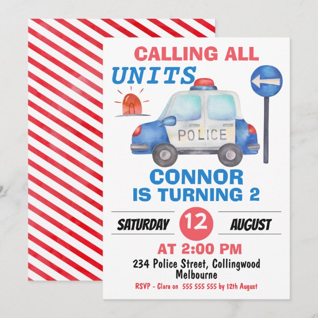 Invitation Garçons Aquarelle Police Voiture Anniversaire (Devant / Derrière)