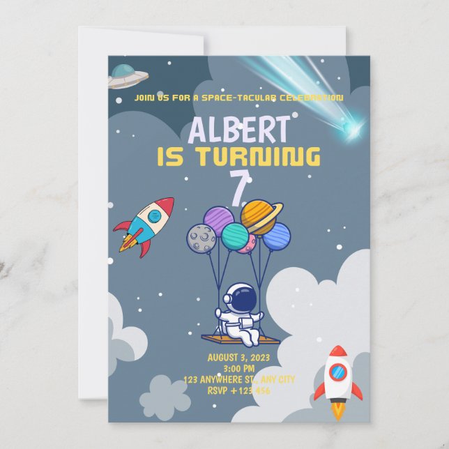 Invitation Garçons Astronaute Moderne Gris Anniversaire Enfan (Devant)