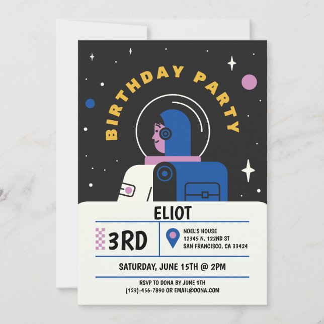 Invitation Garçons Astronaute Moderne Noir Anniversaire Enfan (Devant)