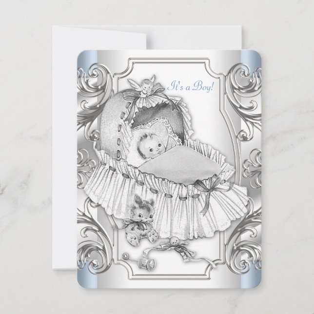 Invitation Garçons Baby shower bleu et argent (Devant)