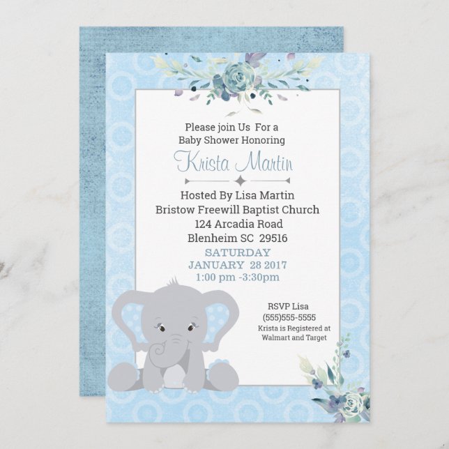 Invitation Garçons Baby shower Floral Eléphant mignon (Devant / Derrière)