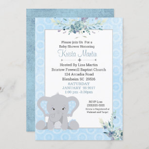 Invitation Garçons Baby shower Floral Eléphant mignon