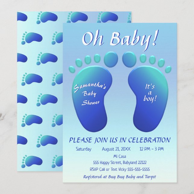 Invitation Garçons Baby shower pieds bébé Baby shower bleu Om (Devant / Derrière)