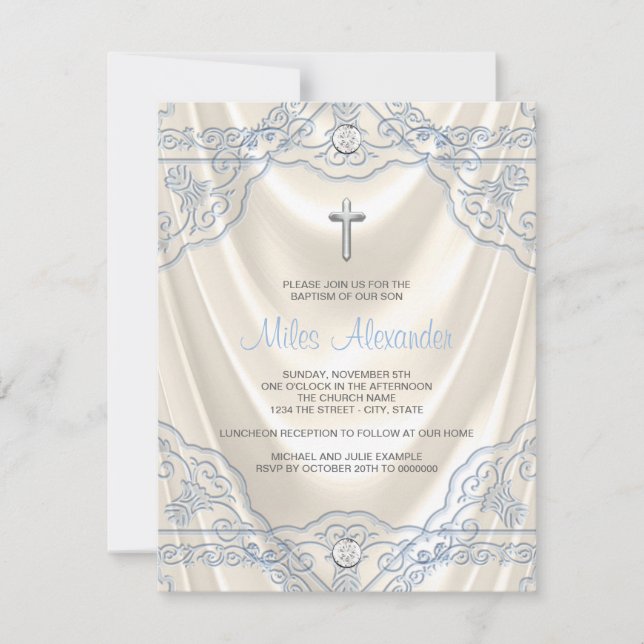 Invitation Garçons Baptême Beige Ivoire et Bleu (Devant)