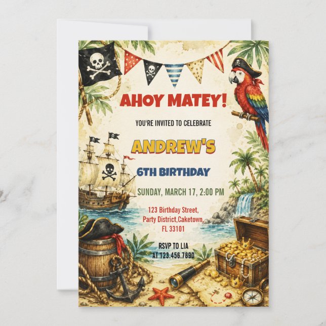 Invitation Garçons Bateau Pirate Anniversaire Aquarelle (Devant)