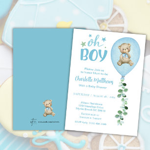Invitation Garçons Bear Blue Balloon Eucalyptus Baby shower