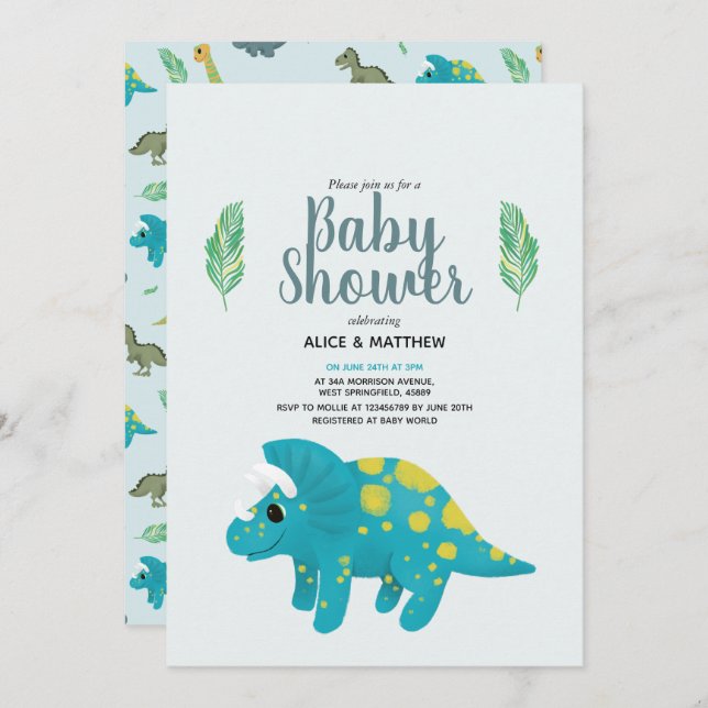 Invitation Garçons Bleu Cute Jungle T-Rex Dinosaur Baby showe (Devant / Derrière)