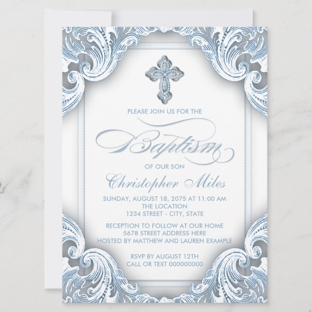 Invitation Garçons Bleu Élégant Croix Baptême (Devant)