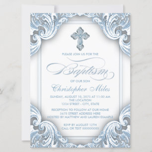 Invitation Garçons Bleu Élégant Croix Baptême