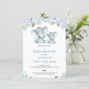 Invitation Garçons bleu Floral Elephand and Calf Baby shower