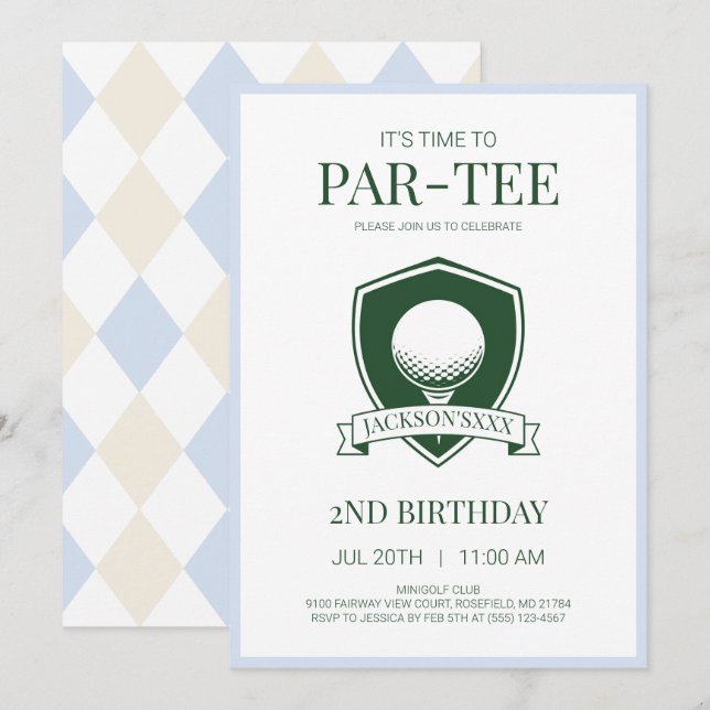 Invitation Garçons Bleu Golfe Temps de Fête d'anniversaire 2  (Devant / Derrière)