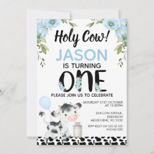 Invitation Garçons Blue Floral Holy Cow Vache Imprimer 1er an