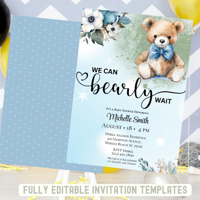 Invitation Garçons Blue Floral Teddy Bear Baby shower (Créateur téléchargé)