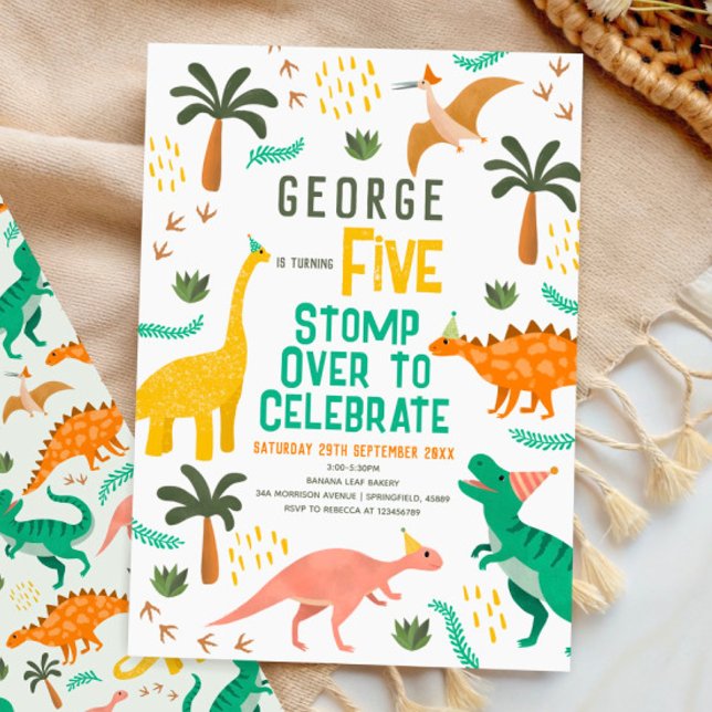 Invitation Garçons Cute Jungle Dinosaure Enfants 5ème Anniver (Créateur téléchargé)