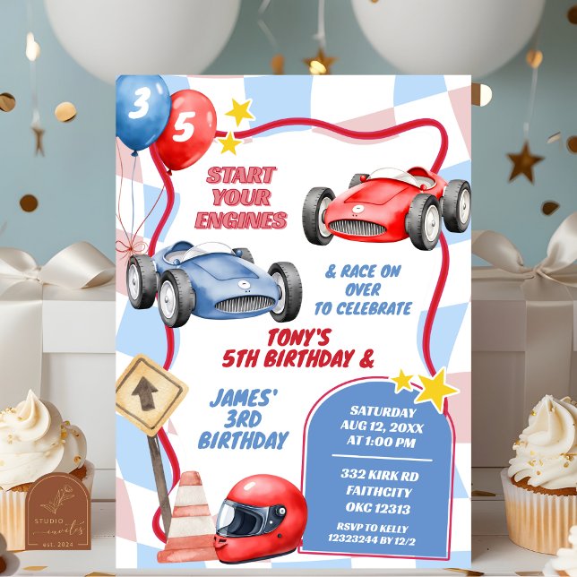 Invitation Garçons de voiture de course Anniversaire commun  (Créateur téléchargé)