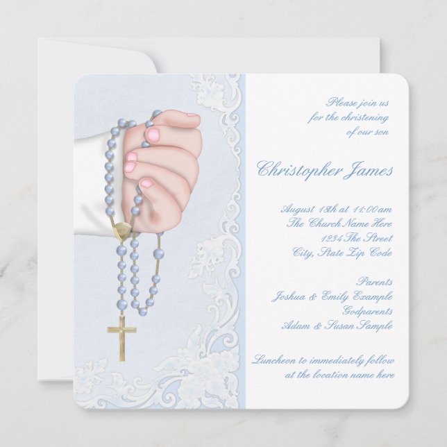 Invitation Garçons Élégant Rosaire Bleu Bébé Baptême (Devant)