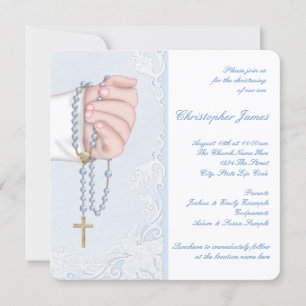 Invitation Garçons Élégant Rosaire Bleu Bébé Baptême