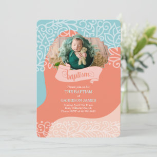 Invitation Garçons en Vagues Orange et Bleues avec Photo Bapt