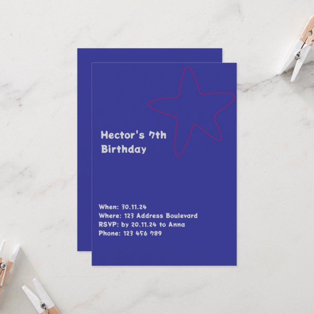 Invitation garçons étoile bleu rouge (Devant/Arrière en situation)