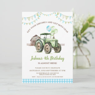Invitation Garçons Green Blue Balloons Tracteur Anniversaire
